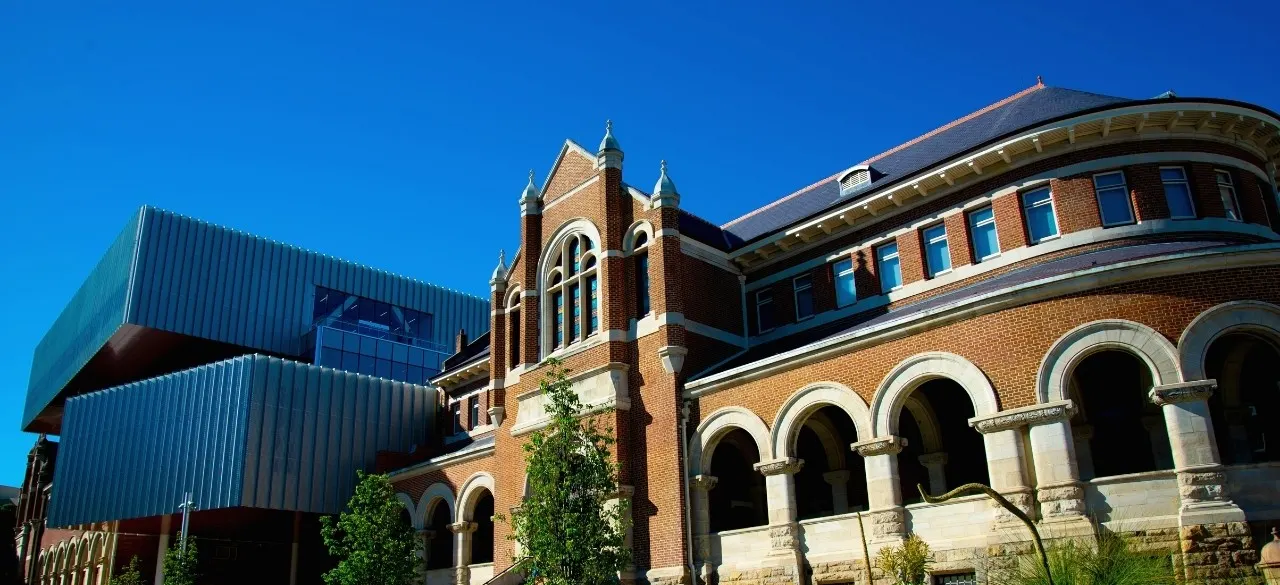 The heritage brick facade of the WA Museum Boola Bardip in the Perth Cultural Centre