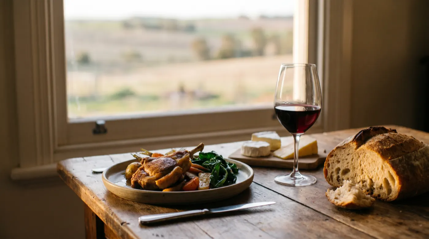 A plate of local food with a glass of red wine and crusty bread on a country table