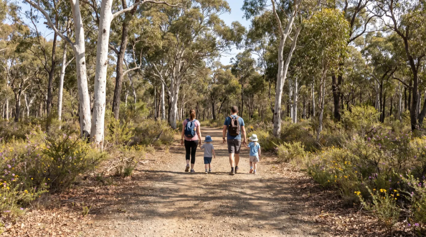 A family walking a gravel trail through open eucalyptus woodland in the Great Southern region of Western Australia