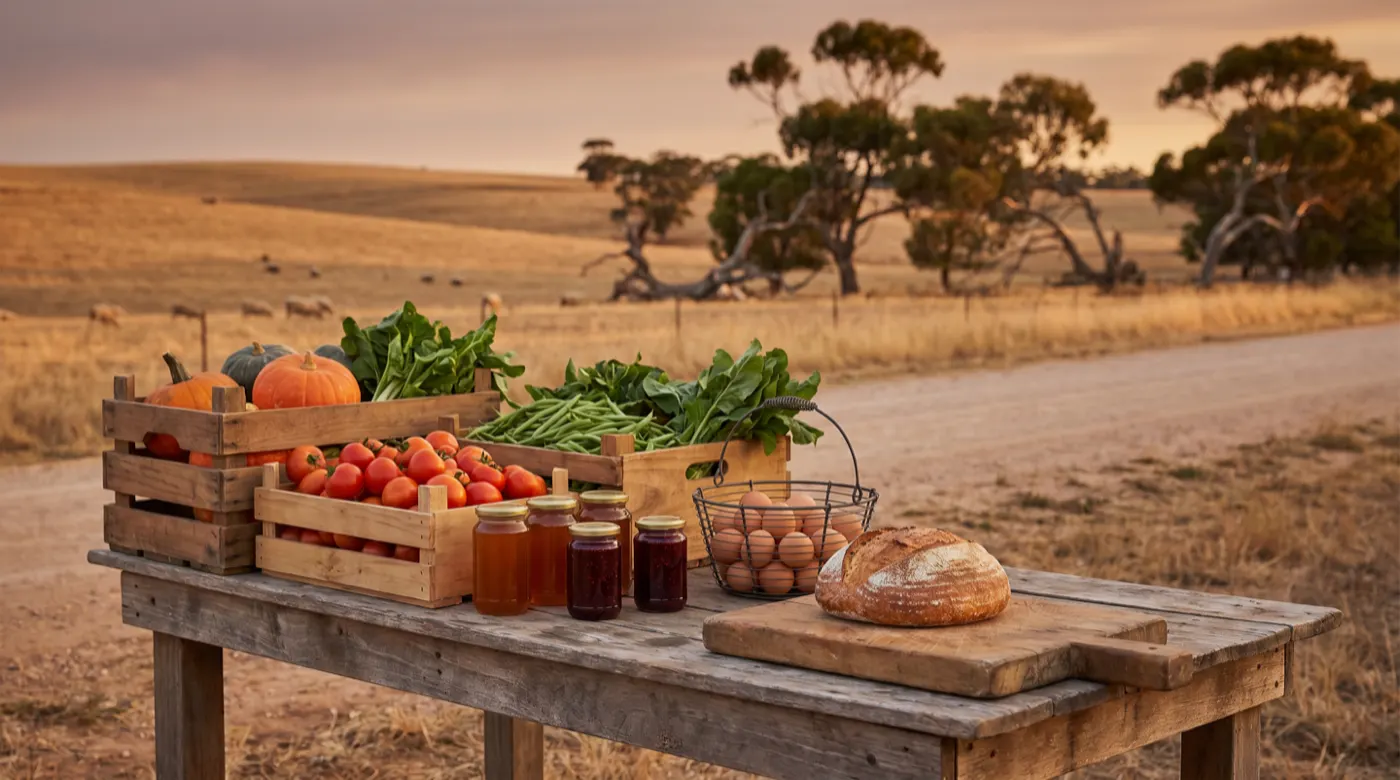 A farm-gate produce table laden with vegetables, honey, preserves, eggs and sourdough in Great Southern farming country